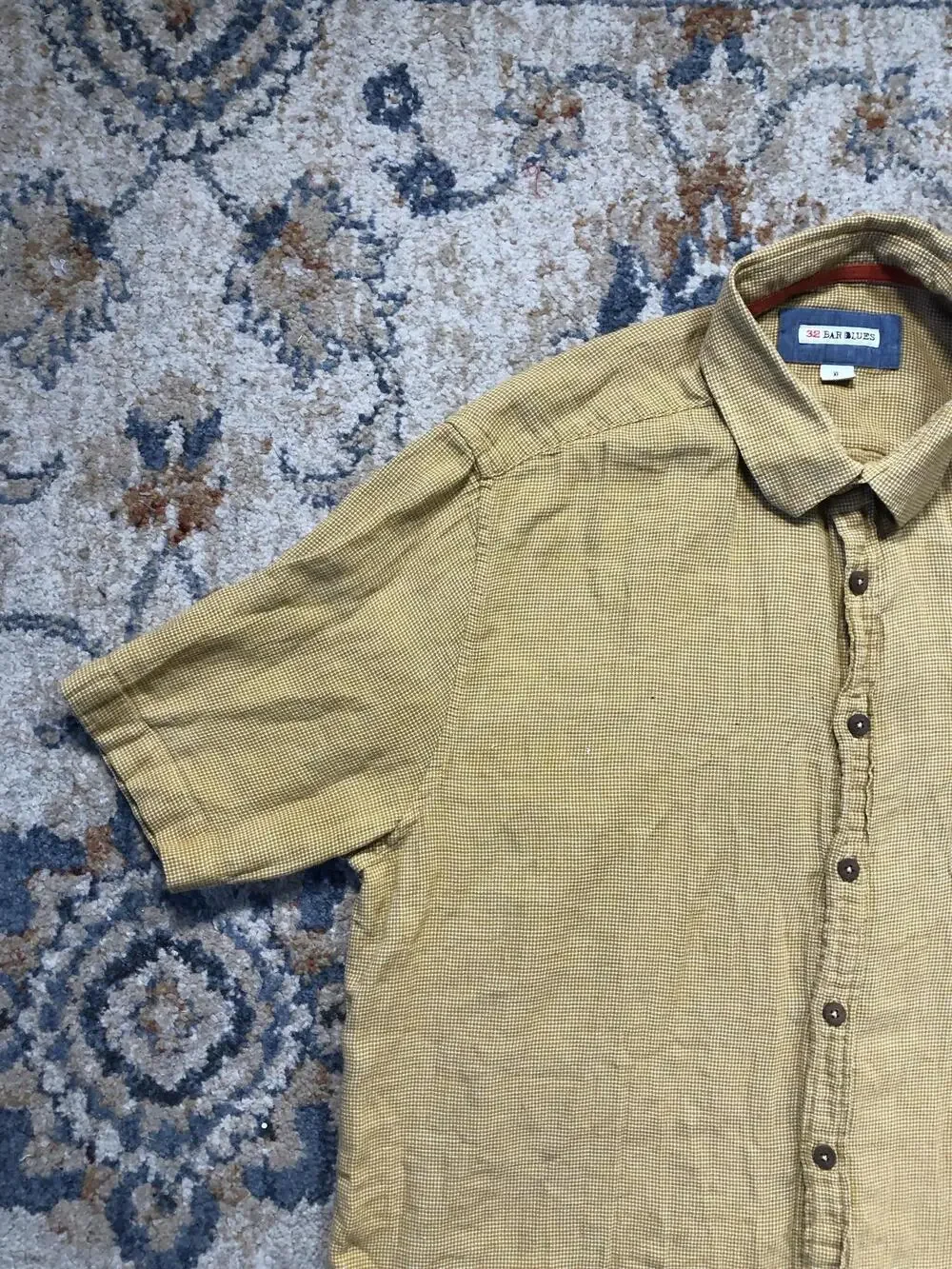 32 Bar Blues Shirt Mens XL Yellow Check Short Sleeve Button Up Casual Cotton